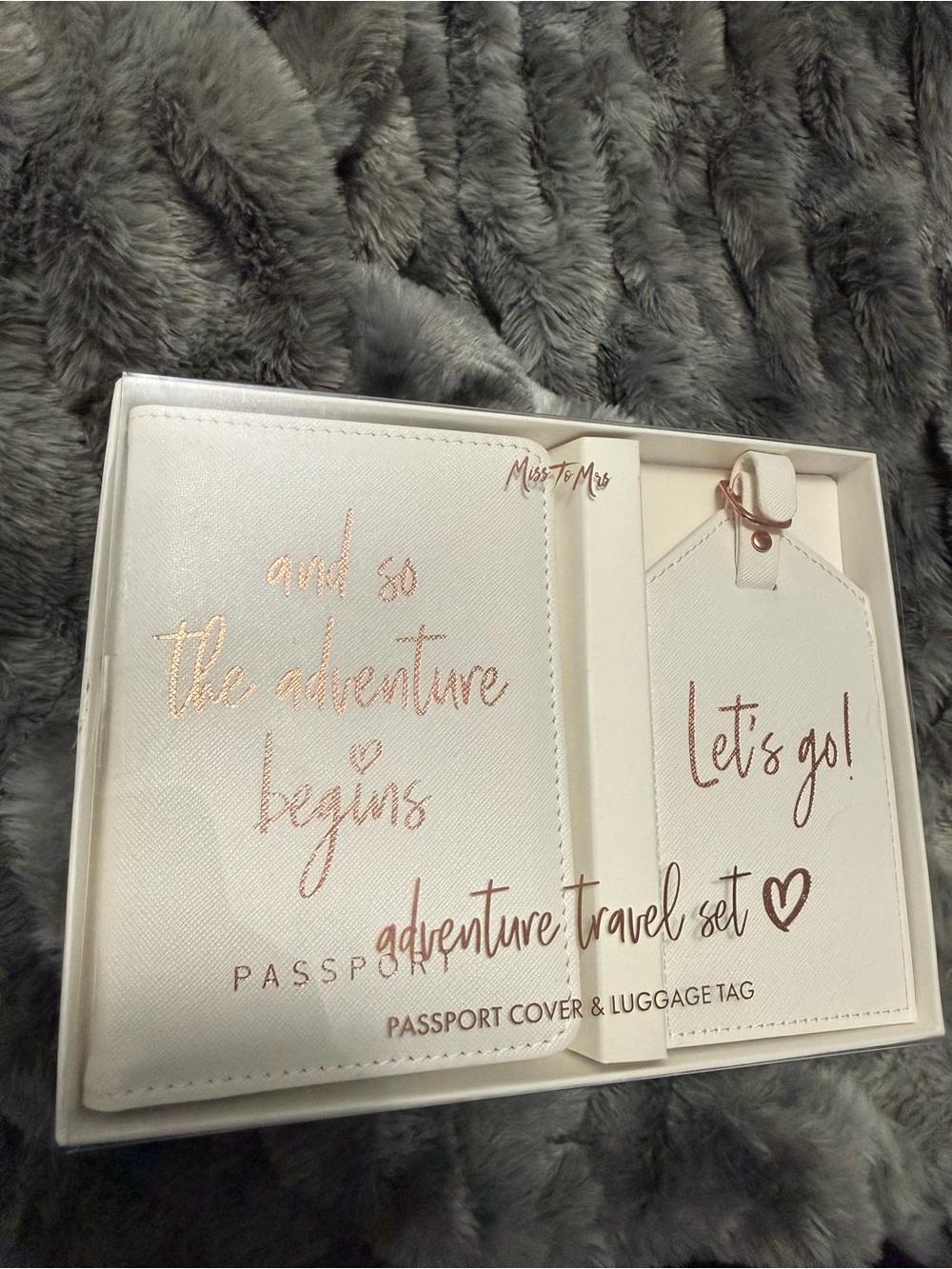 White Passport Cover & Luggage Tag Set with Rose Gold Script